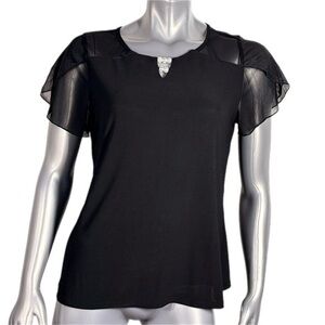 Atelier 29 |  Black Blouse with Sheer Short Flutter Sleeves & Pearl Neckline